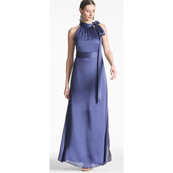 Sachin & Babi KAYLA GOWN Tie Neck Maxi Crinkle Dress in DEEP COBALT NWOT Size 0 - Picture 3 of 7